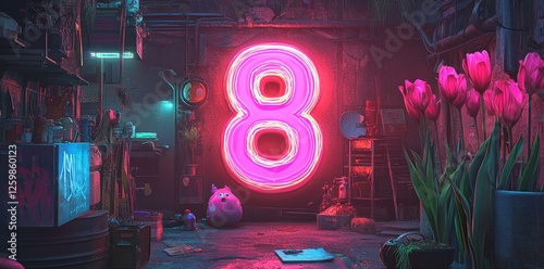 Vibrant spring flowers, including colorful tulips, surround a radiant number eight