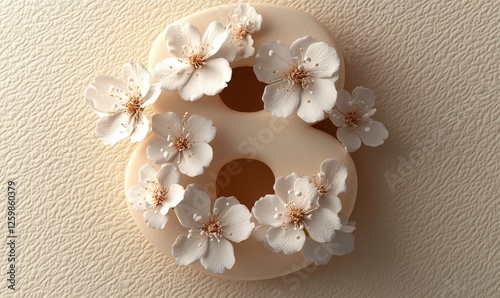The number eight is adorned with delicate white flowers set against a soft beige background