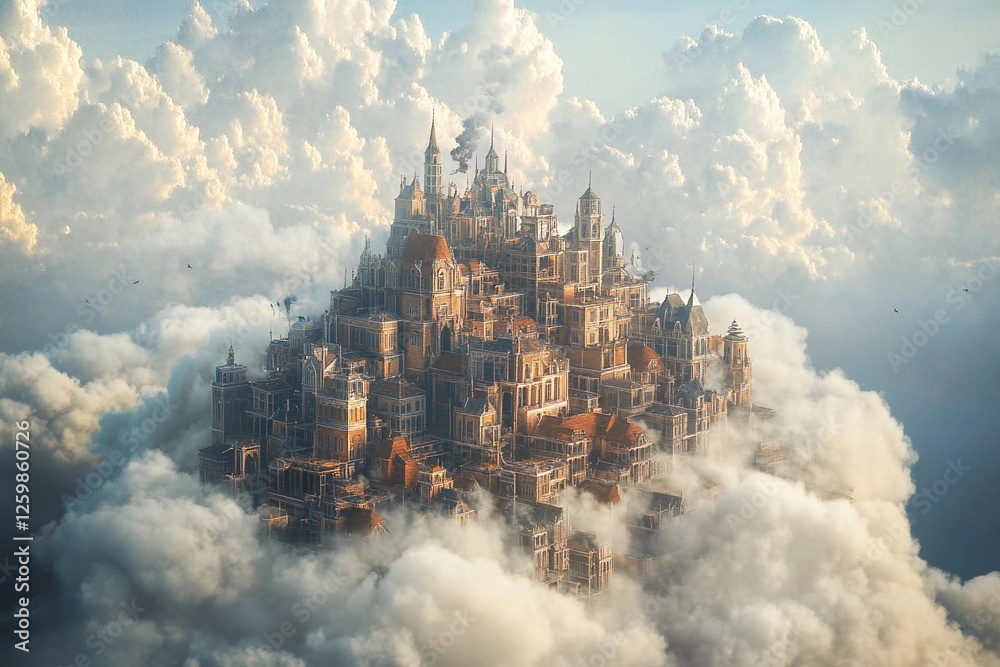 Fototapeta premium City of clouds with towering skyscrapers and serene blue sky at sunset