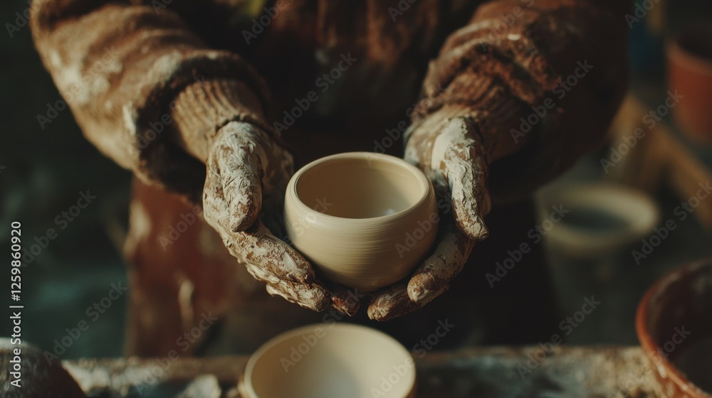 Pair of hands holding a small bowl. the hands are covered in dirt and grime, indicating that the person is working on pottery. the bowl appears to be made of clay and has a smooth surface. Pair of hands holding a small bowl. the hands are covered in dirt and grime, indicating that the person is working on pottery. the bowl appears to be made of clay and has a smooth surface.