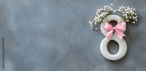 A grey background features the decorative number eight, which is encircled by white flowers and adorned with a pink bow