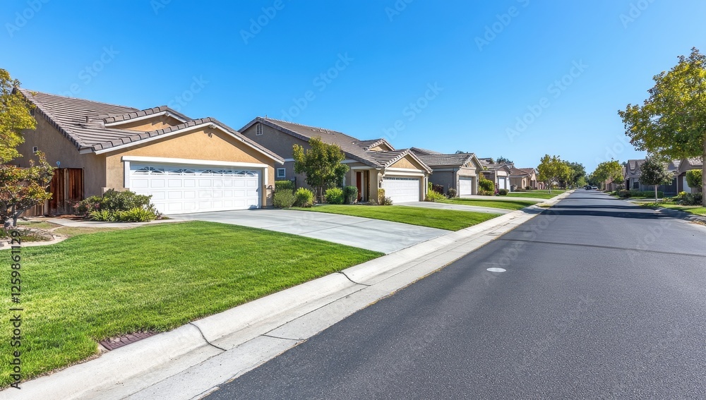 Sunny residential street, suburb, homes, manicured lawns Sunny residential street, suburb, homes, manicured lawns
