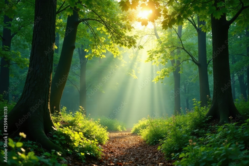 Obraz premium Dappled sunlight filters through forest canopy, light filtering, woodlands