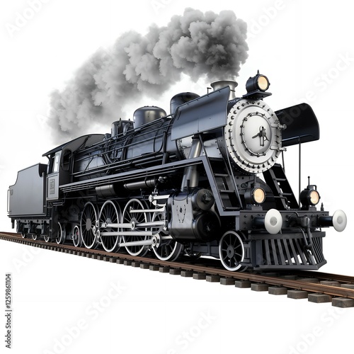 Majestic Vintage Steam Locomotive Train on Tracks Smoke Billowing Isolated on White Background