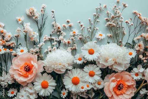 A stunning floral display showcasing peonies and daisies set against a soft backdrop with delicate pastel hues for decorative or artistic inspiration