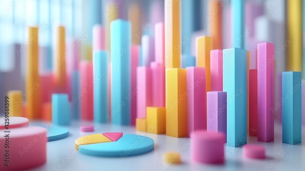 3D illustration of a financial chart bar graph, Pastel 3D Charts in Abstract Setting 3D illustration of a financial chart bar graph, Pastel 3D Charts in Abstract Setting