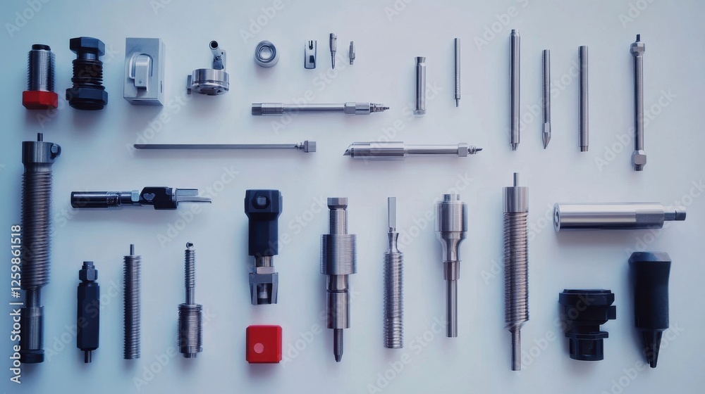 Fototapeta premium A CNC machine spindle and precision cutting tools arranged on a crisp white background