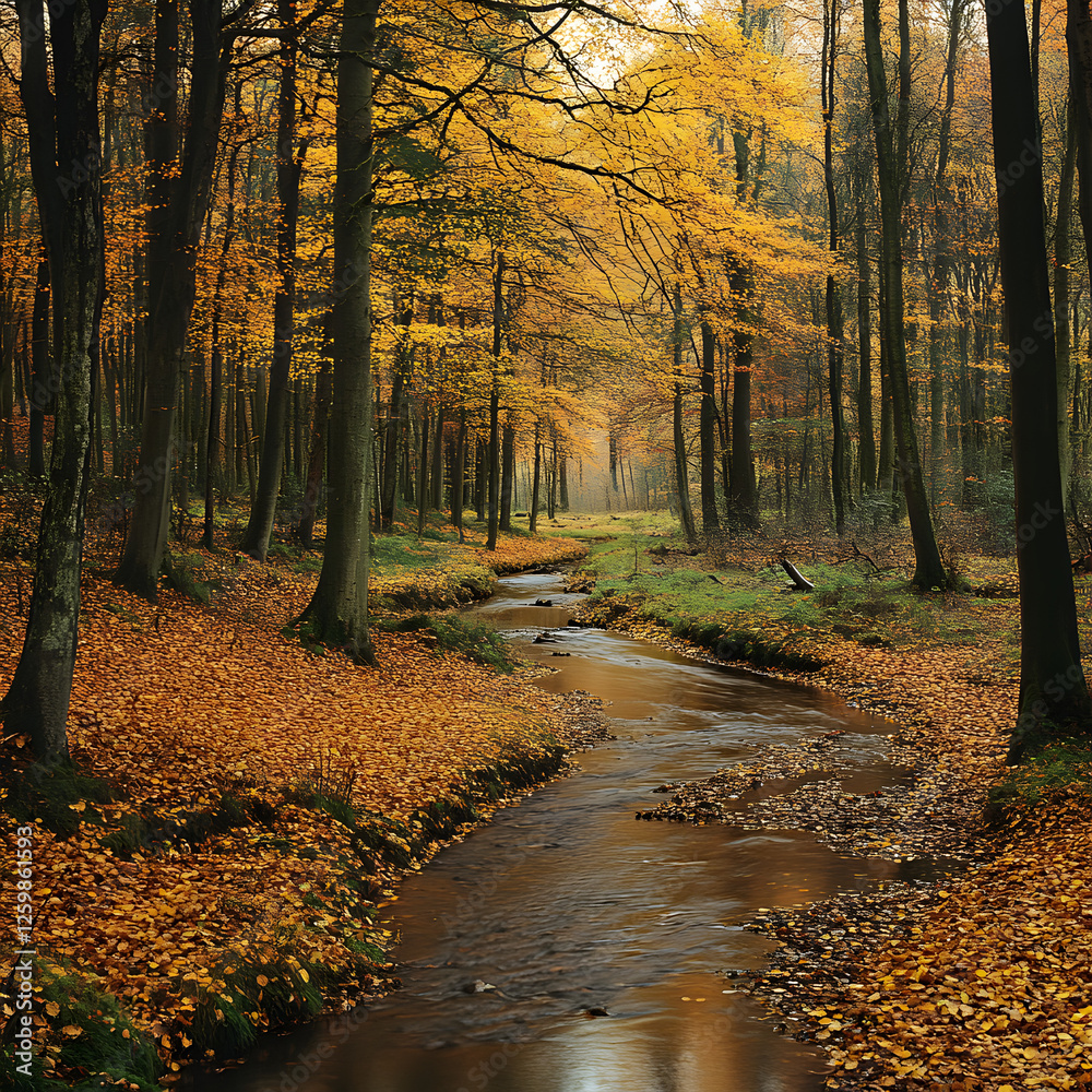 Obraz premium Autumnal Riverine Panorama: Captivating autumn landscape featuring a serene river winding through a forest, illuminated by the golden hues of the season, creating a tranquil and picturesque scene.