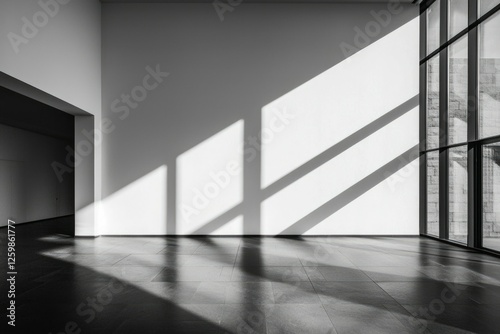 Sunlight streams into a minimalist art gallery in the morning, creating shadows
