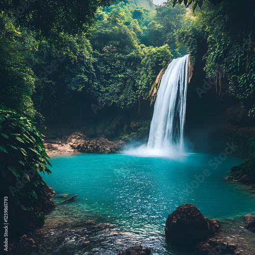 Majestic Waterfall in Lush Paradise: A breathtaking cascade of water plunges into a serene turquoise pool, surrounded by dense, vibrant greenery, creating a tranquil and picturesque natural sanctuary.