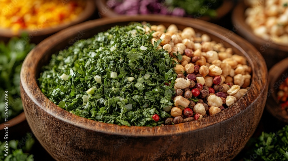 A wooden bowl filled with chopped herbs and chickpeas, showcasing vibrant ingredients. A wooden bowl filled with chopped herbs and chickpeas, showcasing vibrant ingredients.