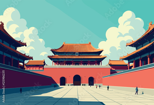 Vibrant Digital Illustration of the Forbidden City, Beijing