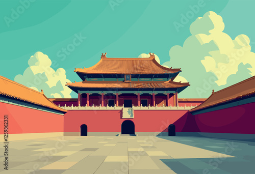 Vibrant Digital Illustration of the Forbidden City, Beijing