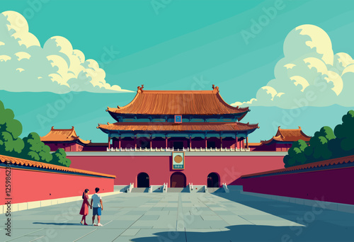 Vibrant Digital Illustration of the Forbidden City, Beijing