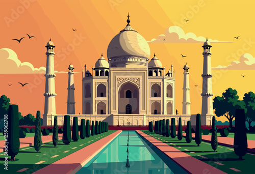 Vibrant Digital Illustration of the Taj Mahal, India