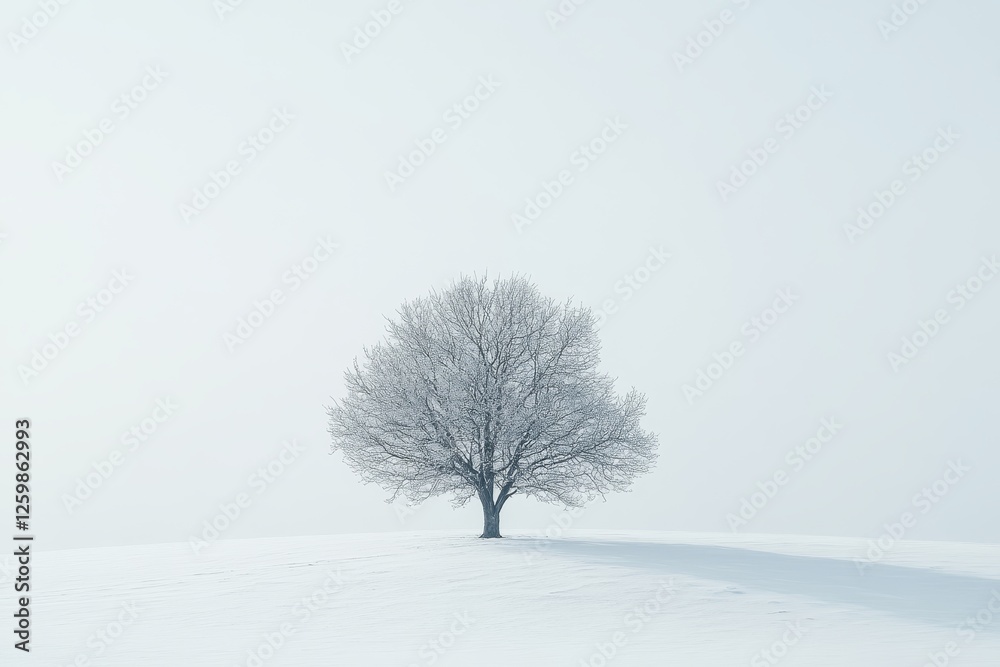 Solitary frosted tree on snowy hill, tranquil winter scene Solitary frosted tree on snowy hill, tranquil winter scene