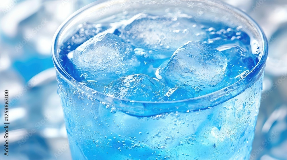 Close-up of a chilled carbonated drink with ice cubes floating in a fizzy blue liquid. Close-up of a chilled carbonated drink with ice cubes floating in a fizzy blue liquid.