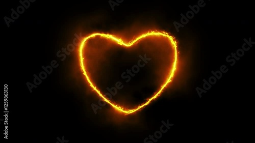 Animation in the form of burning Love with love particles, glowing red on a black background, symbolizing intense passion and romance, ideal for dramatic scenes.