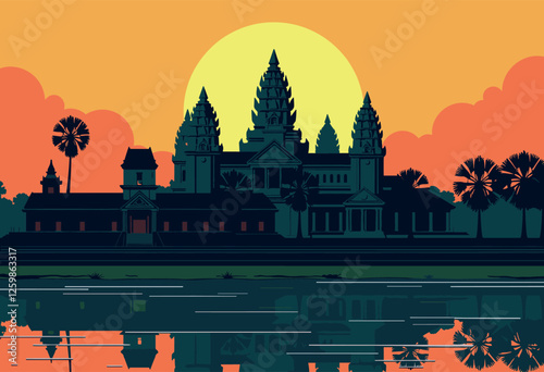 Vibrant Digital Illustration of Angkor Wat at Sunset