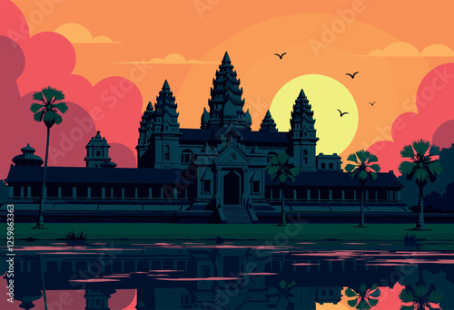 Vibrant Digital Illustration of Angkor Wat at Sunset