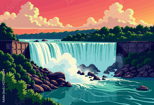 Vibrant Digital Illustration of Niagara Falls at Sunset