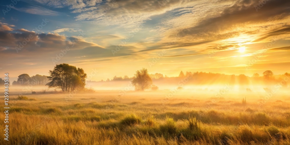 Soft golden light spreads over the misty grassland at dawn, peaceful scene, cloudy sky, peaceful scene Soft golden light spreads over the misty grassland at dawn, peaceful scene, cloudy sky, peaceful scene