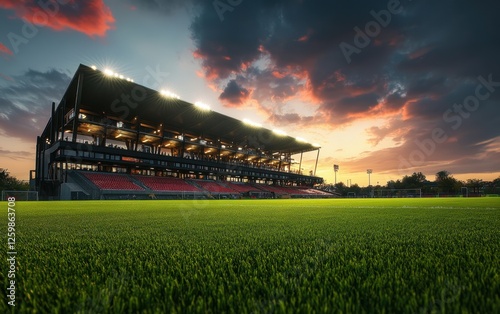 Sunset over stadium, empty field, dramatic sky photo