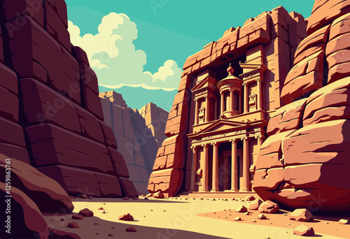 Vibrant Digital Illustration of Petra, Jordan