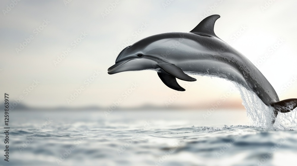 Naklejka premium a dolphin jumping out of the water with its mouth open, against a backdrop of a bright blue sky The image is animated, giving the impression of movement and life