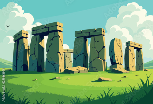 Vibrant Digital Illustration of Stonehenge at Sunset