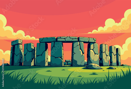 Vibrant Digital Illustration of Stonehenge at Sunset