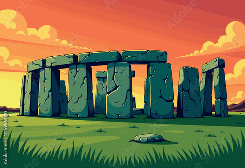 Vibrant Digital Illustration of Stonehenge at Sunset