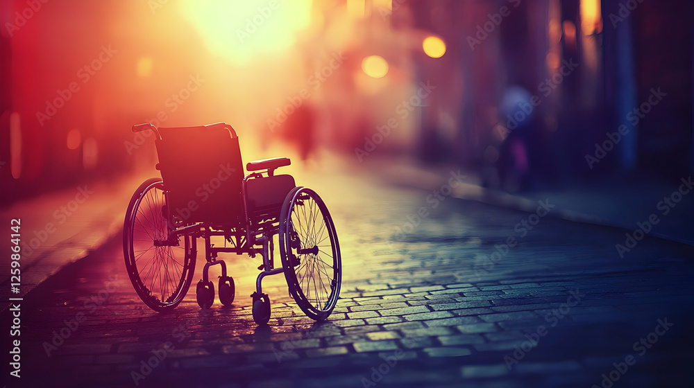 Obraz premium Sunset Solitude: Wheelchair on Cobblestone Street
