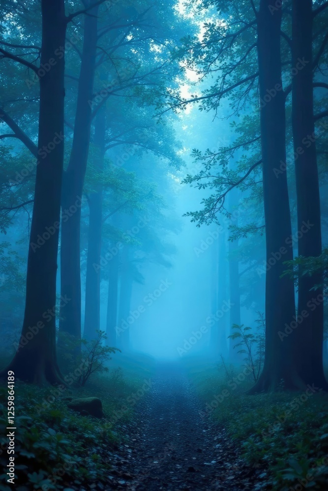 Fototapeta premium Softly glowing blue fog surrounds a mystical forest, dreamy, mystical, soft blue