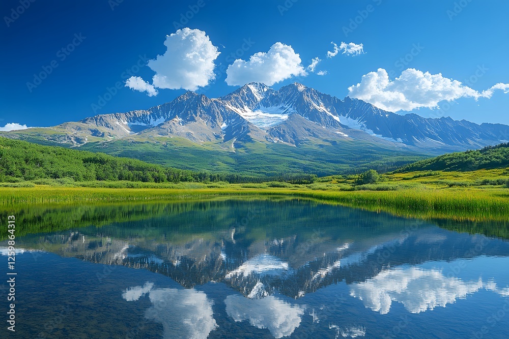 Mountain Reflection in Pristine Lake Under Blue Skies Mountain Reflection in Pristine Lake Under Blue Skies