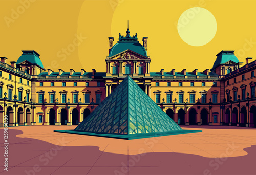 Vibrant Digital Illustration of the Louvre Museum, Paris