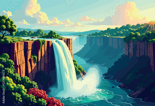 Vibrant Digital Illustration of Victoria Falls at Sunset