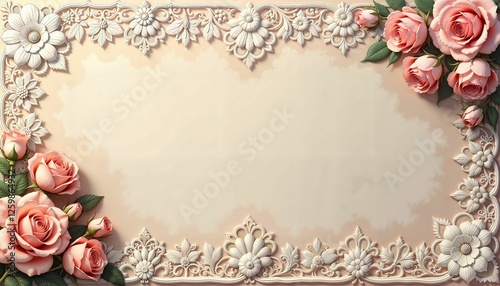 Lace wedding border.  Floral frame with pink roses and decorative border