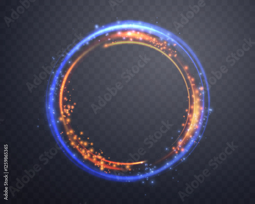 Blue and orange magic ring with glowing. Neon realistic energy flare halo ring. Abstract light effect on a transparent background. Vector illustration.