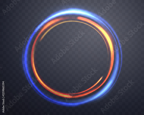 Blue and orange magic ring with glowing. Neon realistic energy flare halo ring. Abstract light effect on a transparent background. Vector illustration.