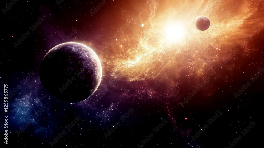 Obraz premium Cosmic landscape with planets and bright star for astronomy day celebration. Horizontal banner. Copy space