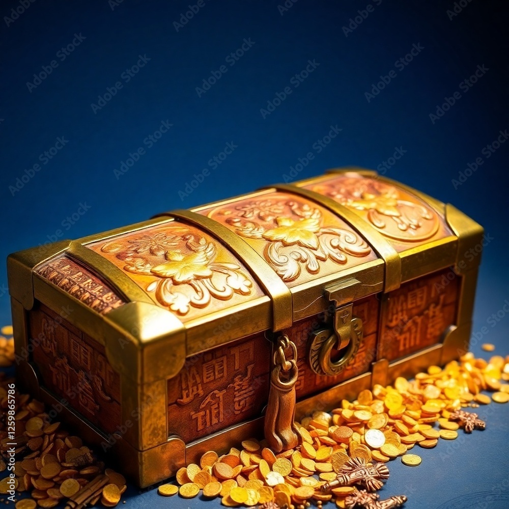treasure chest with gold coins Open chest with gold, Falling from the top a lot of coins. Vector illustration
