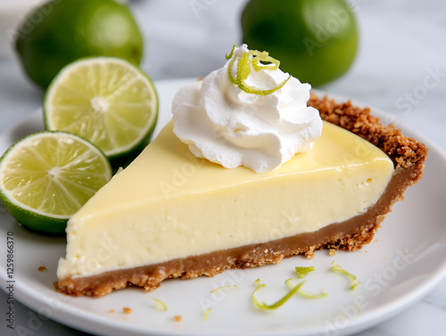 Lemon cheesecake slice with mint on a plate photo