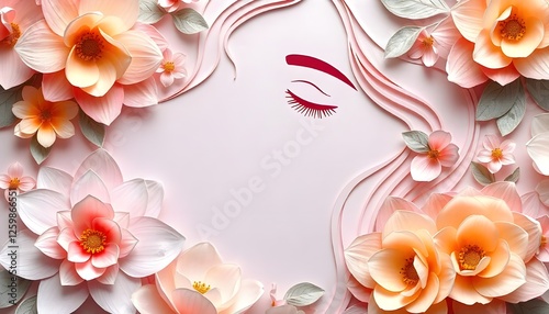 International Women's Day, An elegant illustration showcasing a woman's face surrounded by delicately layered flowers in a paper-cut style