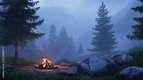 Wallpaper Mural Crackling campfire in a forest clearing, with flickering flames lighting the pines. Torontodigital.ca