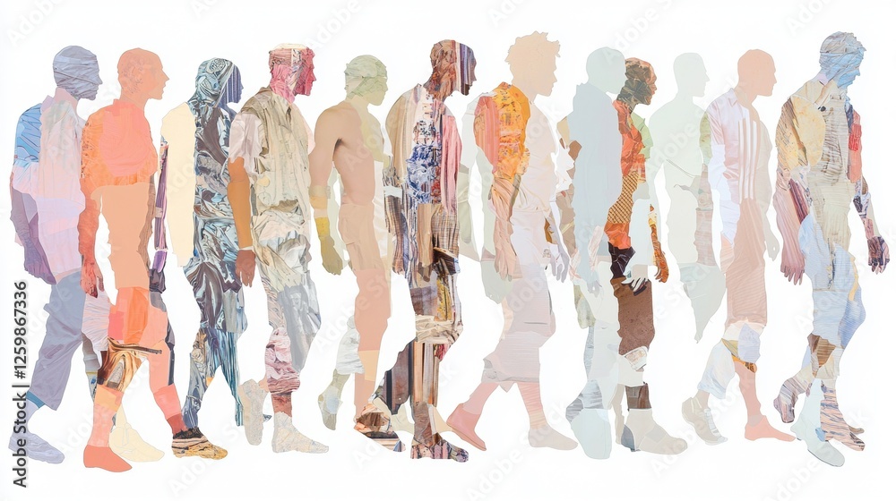 Group of silhouettes of people walking in a line. the silhouettes are made up of different colors and patterns, creating a mosaic-like effect. Group of silhouettes of people walking in a line. the silhouettes are made up of different colors and patterns, creating a mosaic-like effect.