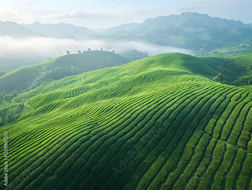 Elevated View of Lush Green Tea Fields on Rolling Hills