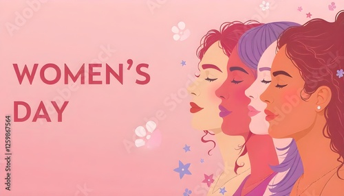 A Women's Day celebration banner for March 8, featuring graphic illustrations of diverse women's faces