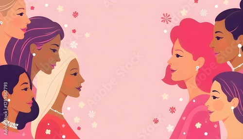 A Women's Day celebration banner for March 8, featuring graphic illustrations of diverse women's faces