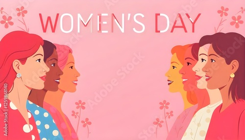 A Women's Day celebration banner for March 8, featuring graphic illustrations of diverse women's faces